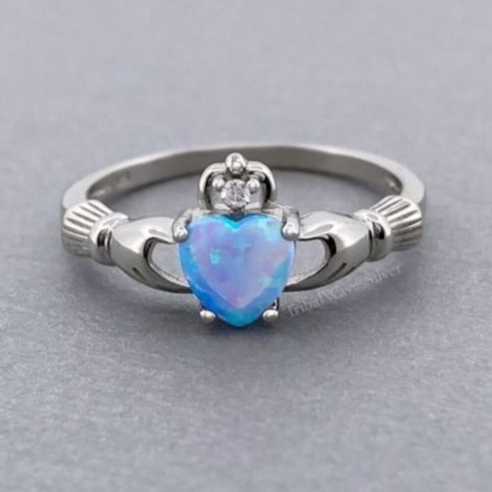 Blue Lab Opal Claddagh Finger Ring Sterling Silver